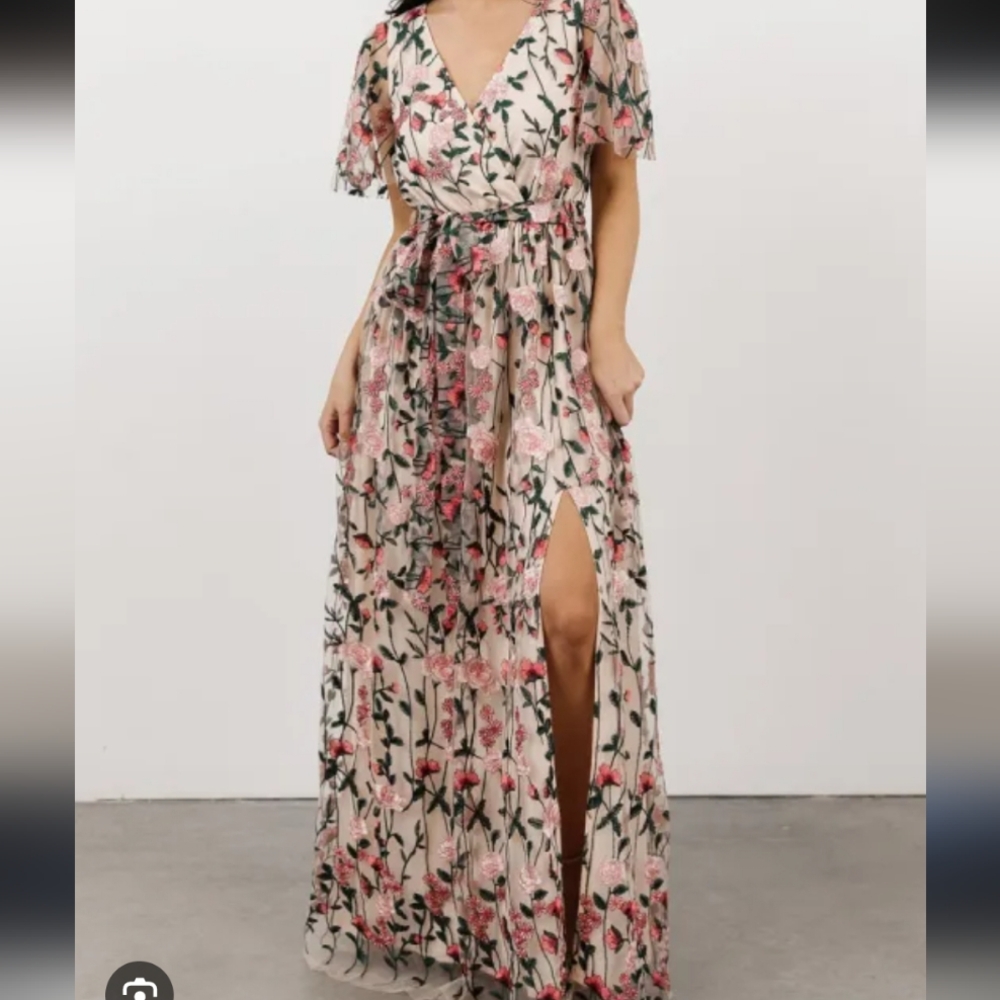Baltic Born Pink Floral Maxi Dress with Green Leaf Print